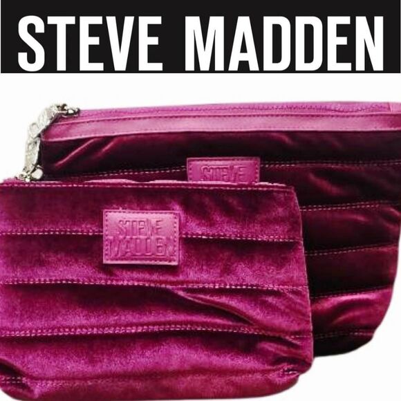 Steve Madden Logo Plate Quilted Velvet Nylon Cosmetic Pouch Set - Picture 1 of 8